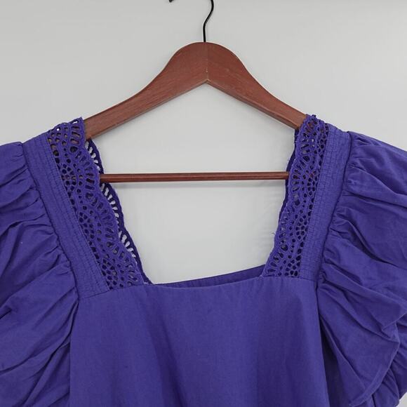 By Anthropologie Flutter Sleeve Blouse XS Purple Lace Cropped - Picture 2 of 11